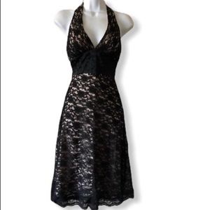 WHITE HOUSE BLACK MARKET Black lace over Beige Halter Dress.  Size 4